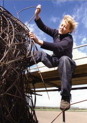 Serena de la Hey sitting on scaffolding working on willow sculpture